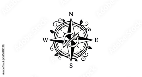Ornate vintage compass rose design with decorative floral accents.