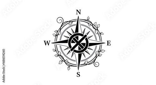 Ornate Decorative Compass Rose Illustration With Directional Points.