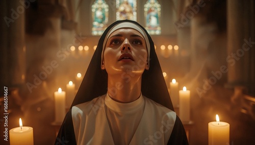 A cinematic and atmospheric portrait of a young nun looking up in devout prayer or awe, surrounded by smoke and the warm glow of candles in a grand church