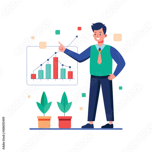 Vector Illustration Of Trader Pointing At Bullish