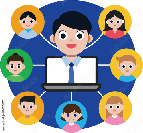 Modern online classroom with students and teacher interacting digitally for remote education and learning