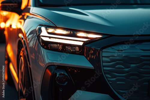 premium quality visual of Closeup shot of the headlights of a modern blue car realistic image photo high detail 8k