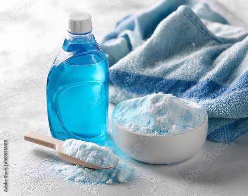 Blue liquid detergent and powdered laundry booster with towels
