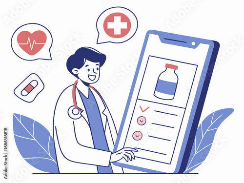 Digital healthcare illustration of a doctor providing online medical consultation via a smartphone