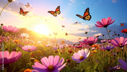 Vibrant Sunset Over Field of Wildflowers and Butterflies in Flight