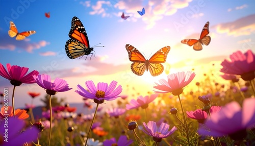 Colorful Butterflies in a Vibrant Flower Field at Sunset