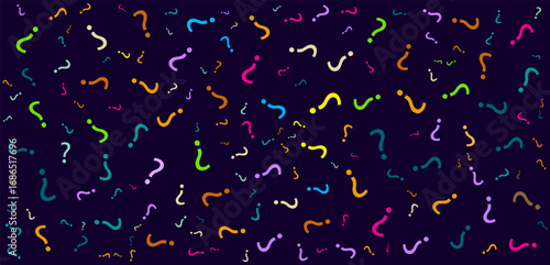 Colorful question marks floating on a dark background, representing the uncertainty and curiosity concept