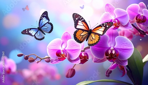 Colorful Butterflies and Orchids in a Dreamy Floral Setting