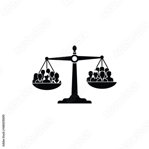 A balanced scale with people on each side, representing justice, equality, and fairness in a simple and symbolic design