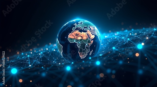 Earth at night, showing bright dots representing international logistics centers and supply chains, with continents illuminated and a sense of global trade and technological connectivity