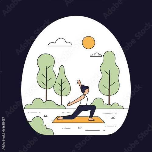 A peaceful 2D flat vector illustration depicts a person practicing yoga on a mat in a serene outdoor park, surrounded by green trees under a sunny sky, promoting mental and physical well-being.