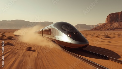 High-tech futuristic train traveling across Mars desert, glossy metallic aerodynamic body reflecting sunlight, detailed dust clouds rising, red rocky mountains in background