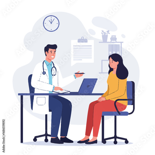 Friendly male doctor in a white coat explains a diagnosis to a seated female patient in a modern clinic office, a 2D flat vector illustration with clean outlines and a white background.