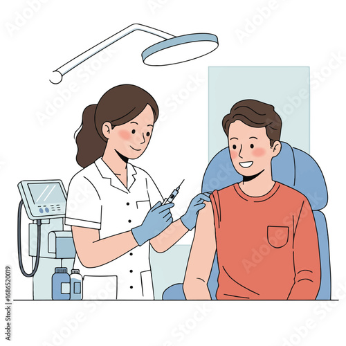 A brightly lit 2D flat vector illustration shows a friendly female nurse administering a protective vaccine to a smiling patient in a modern medical examination room with equipment.