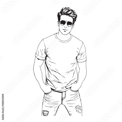 Handsome Man Black and White Illustration Vector Image Male Portrait Fashion Sketch Line Art Design