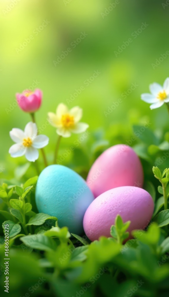 Fototapeta premium Pastel eggs nestled in spring flowers, vibrant green grass , tulips, willow