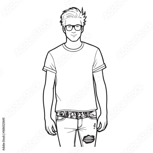 Handsome Man Black and White Illustration Vector Image Male Portrait Fashion Sketch Line Art Design