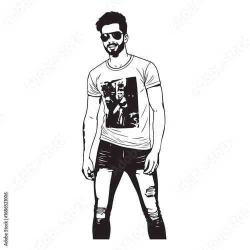 Handsome Man Black and White Illustration Vector Image Male Portrait Fashion Sketch Line Art Design