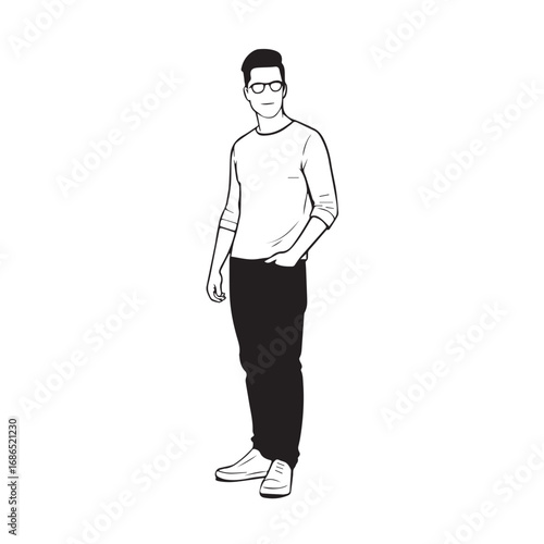 Handsome Man Black and White Illustration Vector Image Male Portrait Fashion Sketch Line Art Design