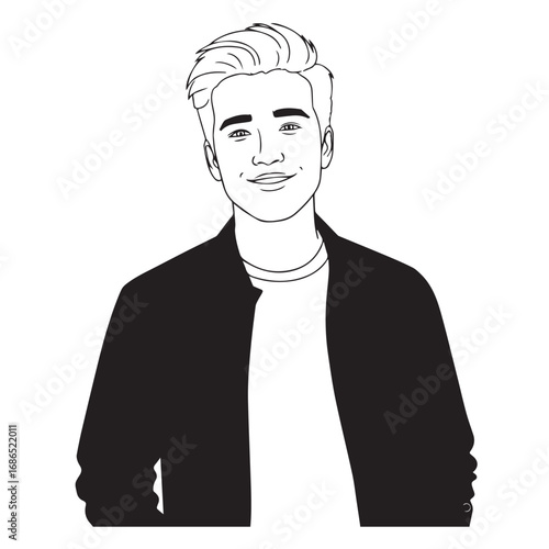 Handsome Man Black and White Illustration Vector Image Male Portrait Fashion Sketch Line Art Design