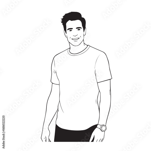 Handsome Man Black and White Illustration Vector Image Male Portrait Fashion Sketch Line Art Design
