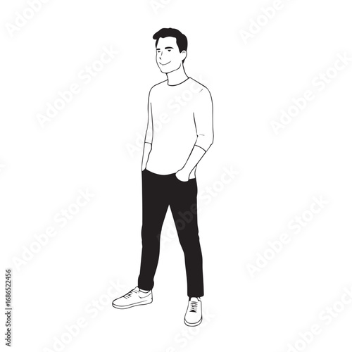 Handsome Man Black and White Illustration Vector Image Male Portrait Fashion Sketch Line Art Design