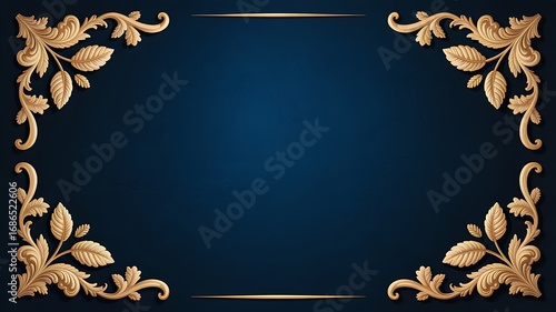 Elegant Gold Filigree Frame on Deep Blue Background: Luxury, Vintage, Ornate Design