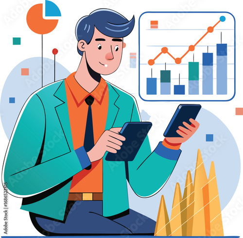 Vector of Investor Using Smartphone to Track Stocks