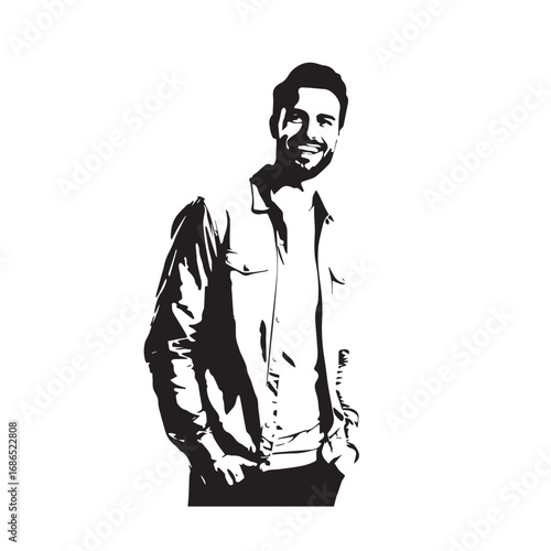 Handsome Man Black and White Illustration Vector Image Male Portrait Fashion Sketch Line Art Design