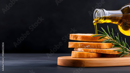 Pouring Olive Oil on Fresh Crusty Bread Slices with Herbs Mediterranean Cuisine Close Up