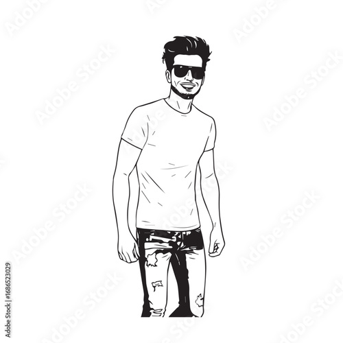 Handsome Man Black and White Illustration Vector Image Male Portrait Fashion Sketch Line Art Design