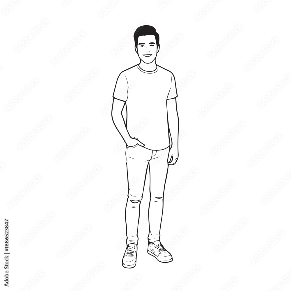 Fototapeta premium Handsome Man Black and White Illustration Vector Image Male Portrait Fashion Sketch Line Art Design