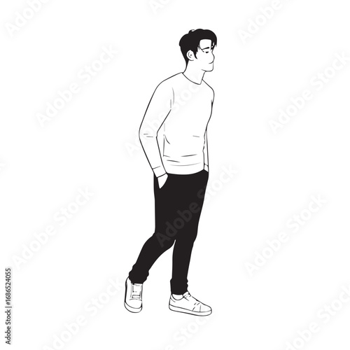 Handsome Man Black and White Illustration Vector Image Male Portrait Fashion Sketch Line Art Design