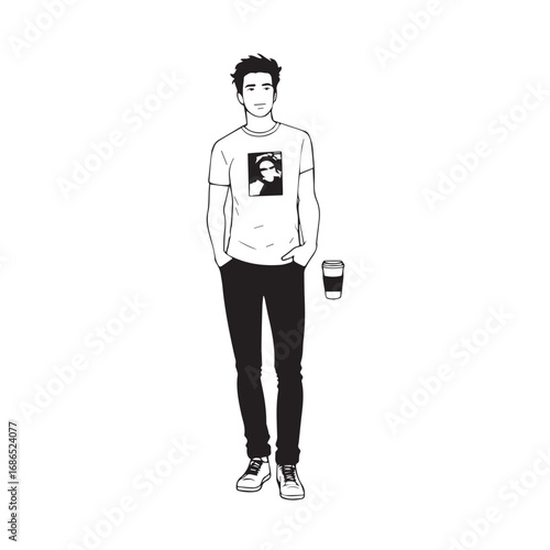 Handsome Man Black and White Illustration Vector Image Male Portrait Fashion Sketch Line Art Design