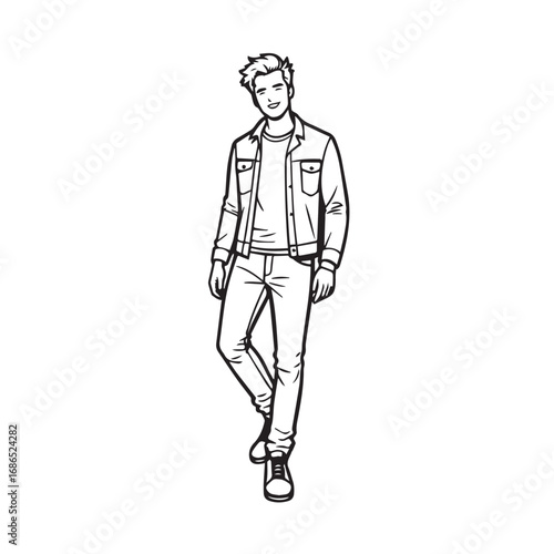 Handsome Man Black and White Illustration Vector Image Male Portrait Fashion Sketch Line Art Design