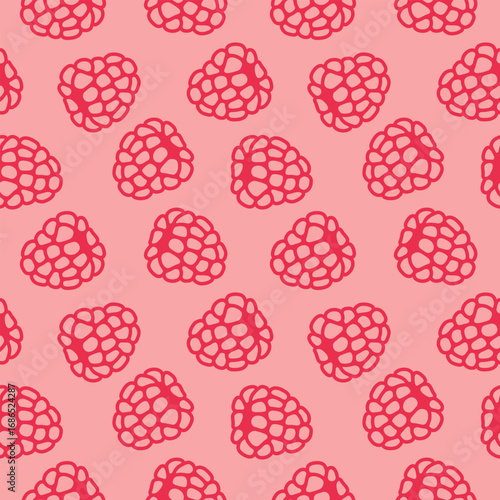 Abstract summer berry seamless modern pattern with raspberries on pink background; simple cute hand-drawn vector illustration, flat style