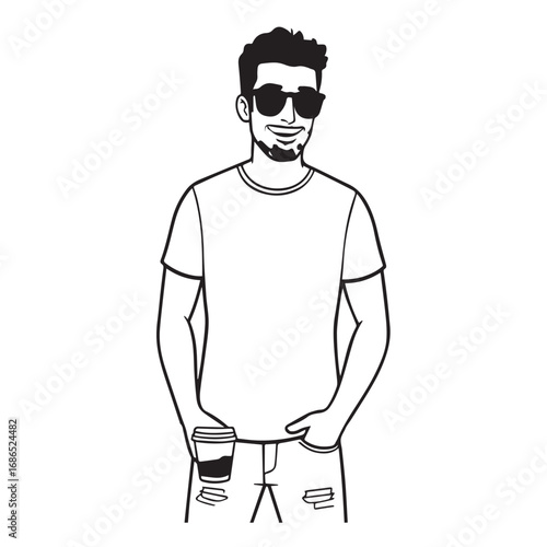 Handsome Man Black and White Illustration Vector Image Male Portrait Fashion Sketch Line Art Design