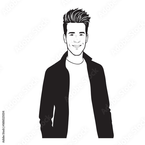 Handsome Man Black and White Illustration Vector Image Male Portrait Fashion Sketch Line Art Design