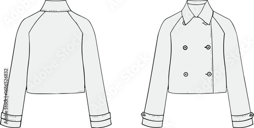 Women’s cropped jacket flat sketch, front and back view, long sleeve fashion design, double-breasted coat technical drawing, apparel template illustration