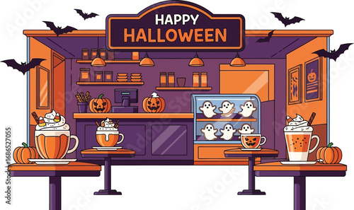 A festive halloween coffee shop with pumpkin spice lattes, ghost cupcakes, and bat decorations