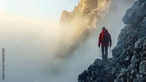 Lone hiker entering narrow fog-filled mountain pass, minimal composition with atmospheric light, tranquil outdoor landscape with top blank space for creative text or poster overlay.