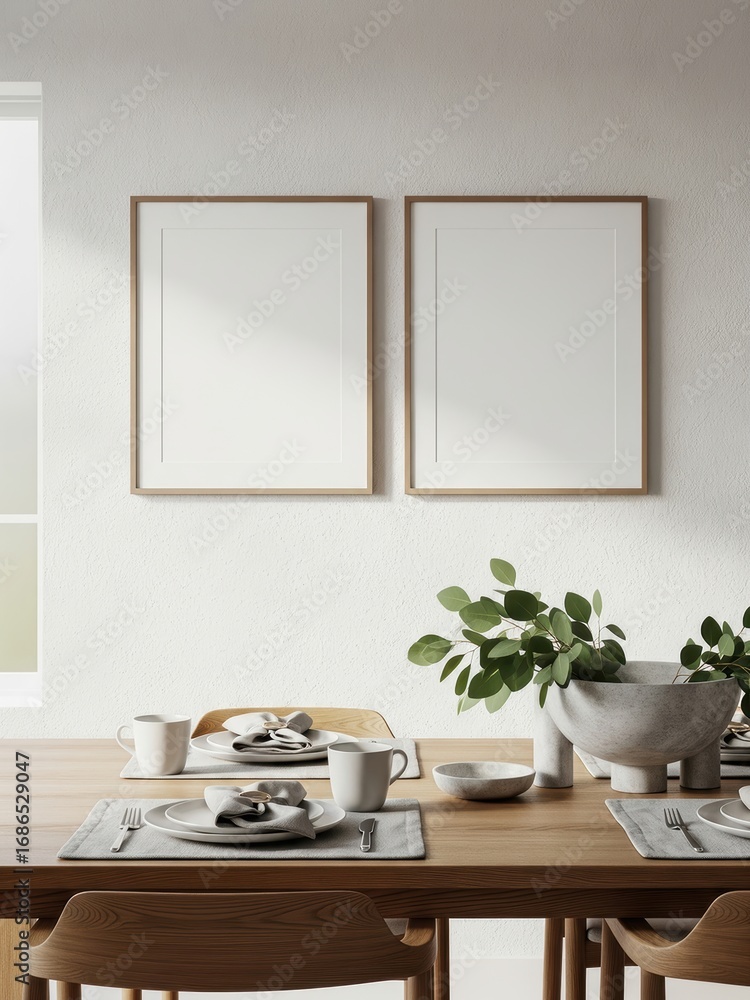 Fototapeta premium Two mockup poster frames hanging on a white wall in a minimalist dining room interior with natural wood table, elegant tableware - modern Scandinavian design concept