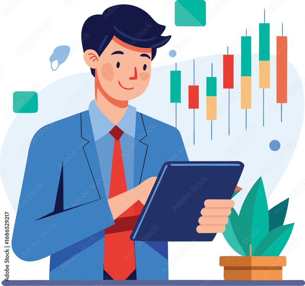 Fototapeta premium Vector of Stock Analyst Examining Trend on Tablet