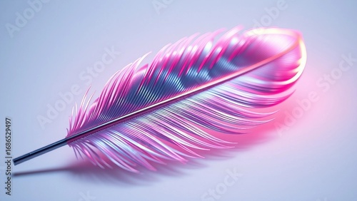 Ethereal iridescent feather glowing with vibrant pink and blue neon light, symbolizing softness and delicate beauty