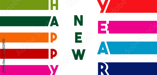 Colorful happy new year greeting with modern typography and vibrant horizontal stripes design element