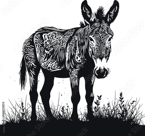 Stylized donkey standing in grassy field with abstract elements