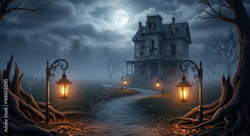Spooky Halloween night with haunted house, full moon, and glowing lanterns, perfect for chilling themes