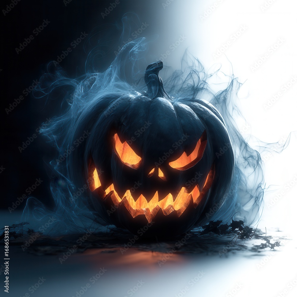 Naklejka premium Halloween concept. Eerie glowing pumpkin with smoke effects for Halloween decor.