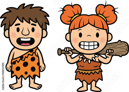 Cartoon caveman and cavewoman characters in animal skin outfits, prehistoric couple illustration for education, games, mascot design, and stone age artwork