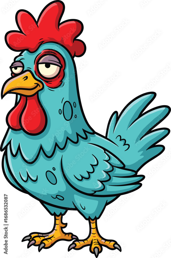 Fototapeta premium Cartoon blue chicken with droopy eyes and red comb, funny farm animal mascot illustration for children’s books, stickers, or humorous character designs